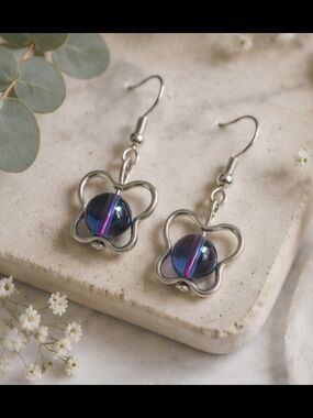 Butterfly Drop Earrings with Iridescent Blue-Purple Beads
